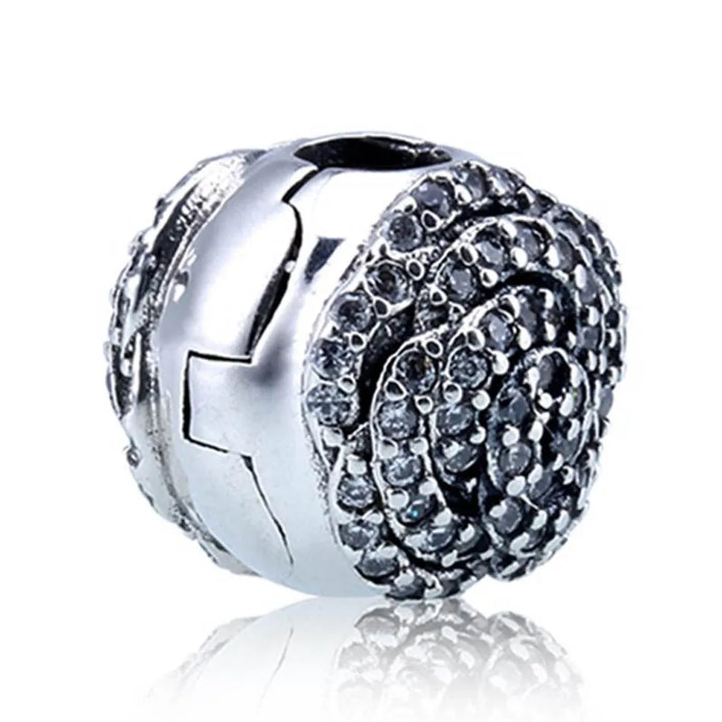 S925 Silver Clip Bead for Lady Bracelet Shimmering Rose Clip Crystal Charms