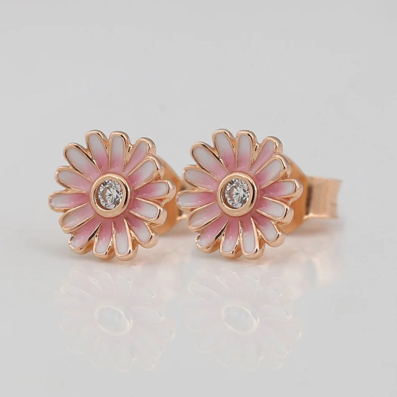 S925 Silver Pink Daisy Flower Stud Earrings for Women
