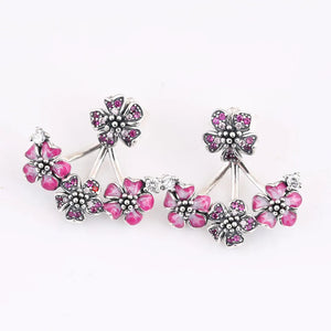 S925 Silver Enamel Peach Blossom Crystal Stud Earring Women Wedding Gift