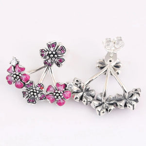 S925 Silver Enamel Peach Blossom Crystal Stud Earring Women Wedding Gift