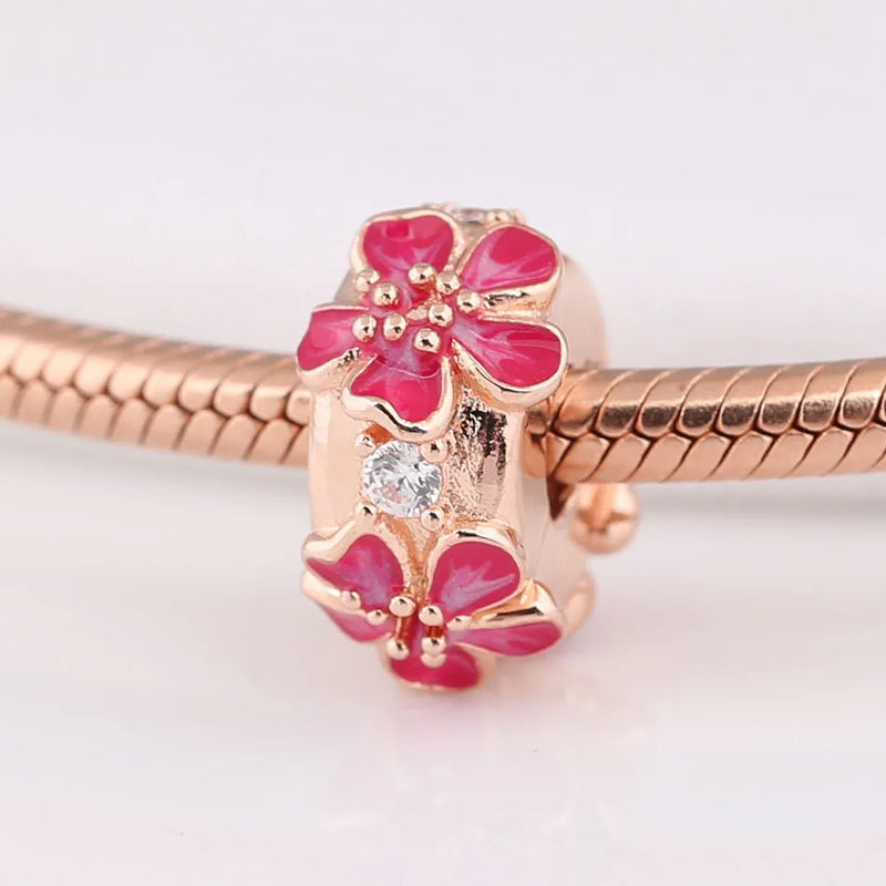 S925 Silver Enamel Rose Peach Blossoms Clip Bead Charm
