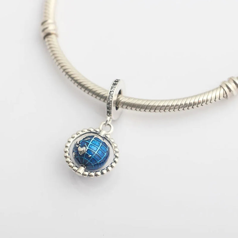 S925 Spinning Globe Crystal Pendant Bead Charm for Bracelet