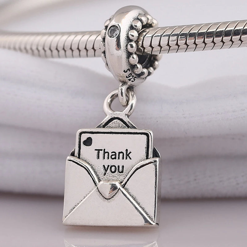 S925 Silver Heart Envelope Thank You Charm with Crystal Pendant
