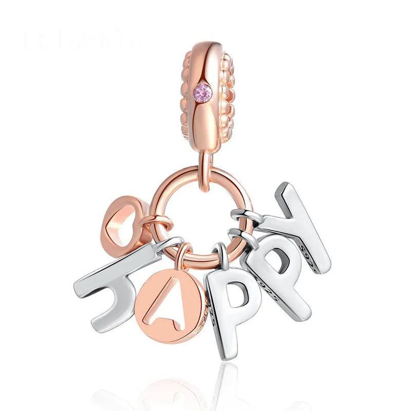 S925 Silver Pendant Bead for Lady Bracelet Bangle Rose Happy Word Charms