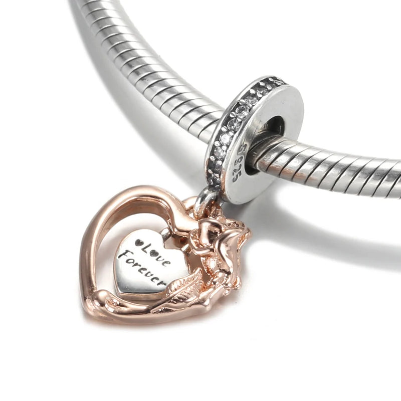 S925 Silver Heart & Rose Bead Charm for DIY Bracelet