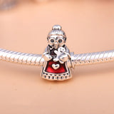 S925 Silver Red Enamel Mrs. Santa Claus Bead Charm for Bracelet DIY Jewelry