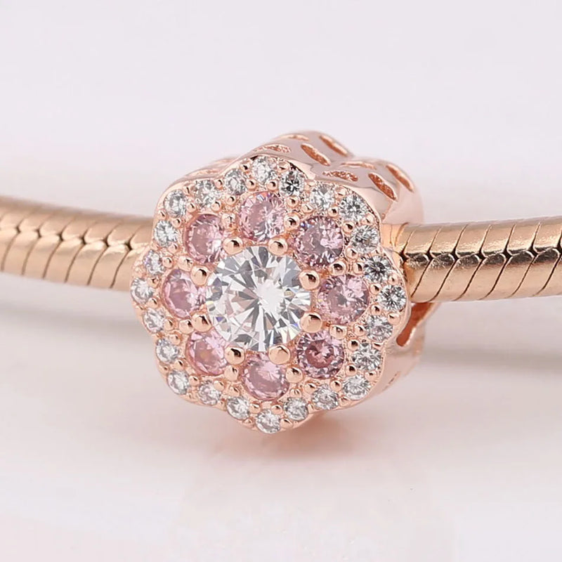 S925 Silver Pink Flower Crystal Charm for Bracelet Bangle