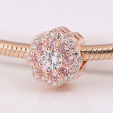 S925 Silver Pink Flower Crystal Charm for Bracelet Bangle