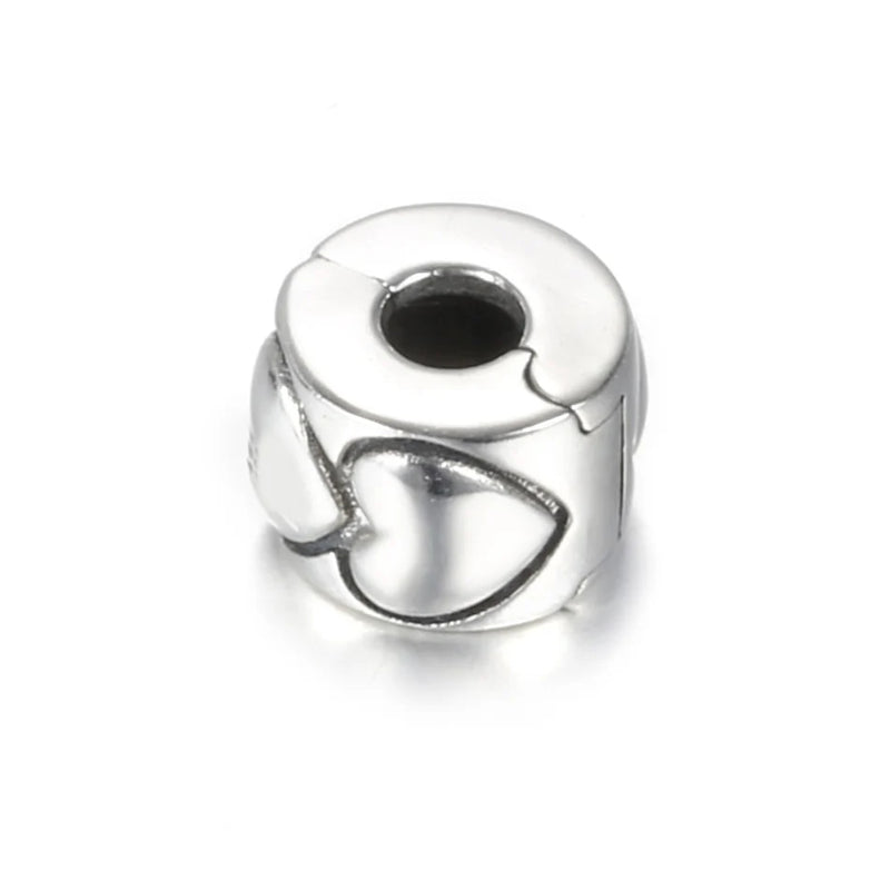 S925 Silver Stopper Bead for Lady Bracelets, Linked Hearts Clip Charm