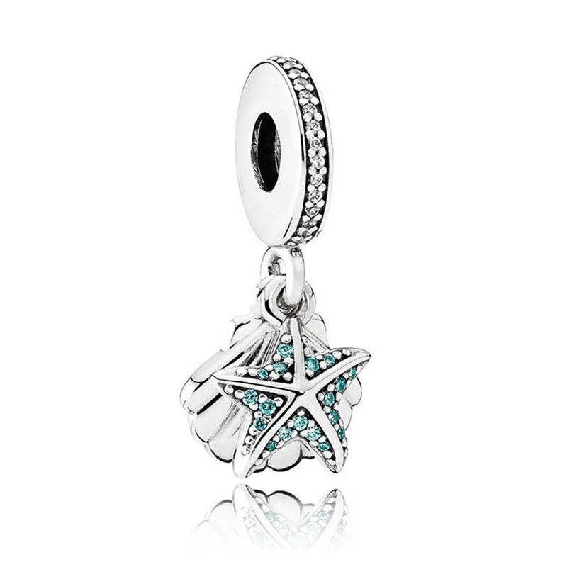 Sterling Silver Starfish & Sea Shell Dangle Charm Bead for Bracelet - Gift