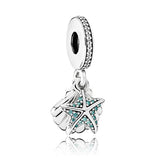 Sterling Silver Starfish & Sea Shell Dangle Charm Bead for Bracelet - Gift