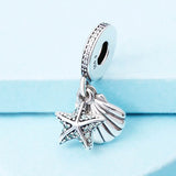 Sterling Silver Starfish & Sea Shell Dangle Charm Bead for Bracelet - Gift
