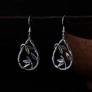 Sterling Silver Bamboo Leaves Drop Earrings Chinese Vintage Style Craft Jewelry