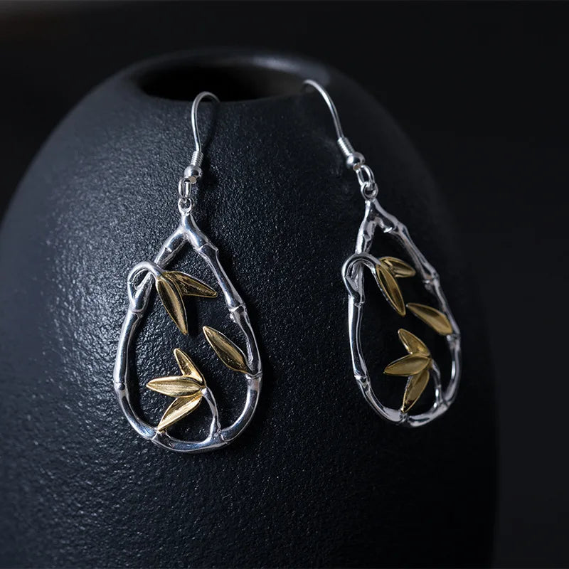 Sterling Silver Bamboo Leaves Drop Earrings Chinese Vintage Style Craft Jewelry