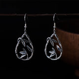 Sterling Silver Bamboo Leaves Drop Earrings Chinese Vintage Style Craft Jewelry