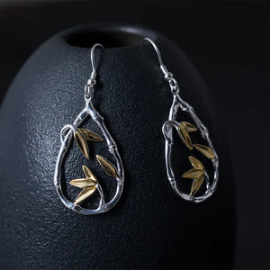 Sterling Silver Bamboo Leaves Drop Earrings Chinese Vintage Style Craft Jewelry