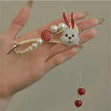Red Rabbit Tassel Hairpin Women Back Of Head Pearl Clip Hair Accessory