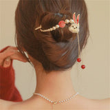 Red Rabbit Tassel Hairpin Women Back Of Head Pearl Clip Hair Accessory