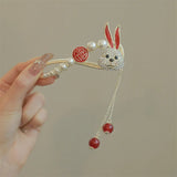 Red Rabbit Tassel Hairpin Women Back Of Head Pearl Clip Hair Accessory