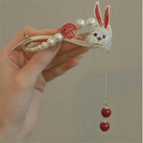 Red Rabbit Tassel Hairpin Women Back Of Head Pearl Clip Hair Accessory