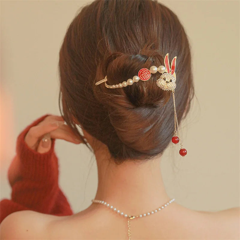 Red Rabbit Tassel Hairpin Women Back Of Head Pearl Clip Hair Accessory