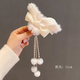 Autumn Winter Plush Bow Tassel Pendant Hair Clip Women Back Of Head Shark Clip