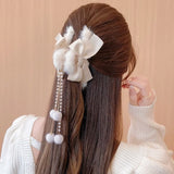 Autumn Winter Plush Bow Tassel Pendant Hair Clip Women Back Of Head Shark Clip