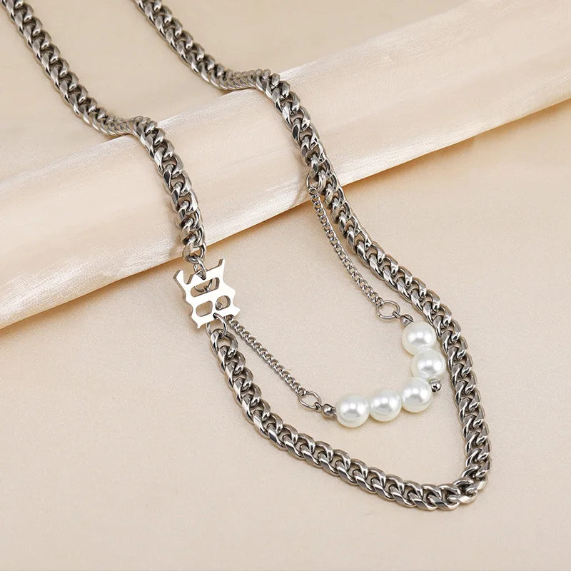 Bohemian Thick Cold Wind Double Letter Pearl Sweater Chain