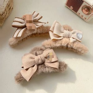 Autumn Winter Coffee Series Bow Hair Clip Shark Clip Plush Bear Clip Women Hair