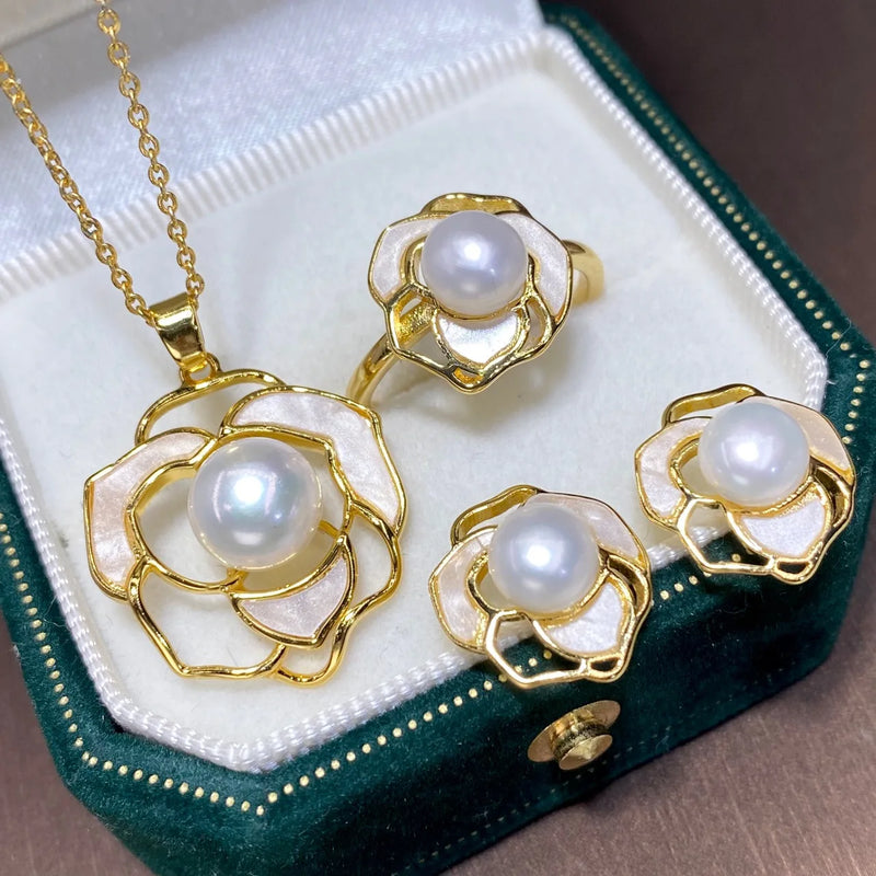 Freshwater Pearl Sweater Pendant Ring Earrings Set