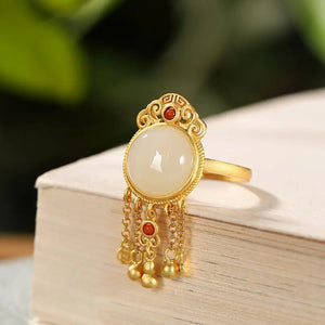 Autumn Hetian jade round tassel adjustable ring retro silver jewelry