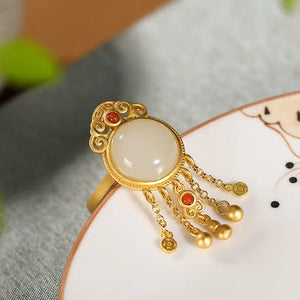Autumn Hetian jade round tassel adjustable ring retro silver jewelry