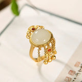 Autumn Hetian jade round tassel adjustable ring retro silver jewelry