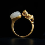 Autumn Zircon Hetian Jade Cat Oval Adjustable Silver Ring