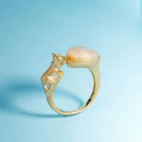 Autumn Zircon Hetian Jade Cat Oval Adjustable Silver Ring