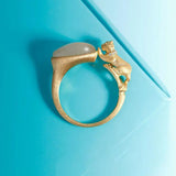 Autumn Zircon Hetian Jade Cat Oval Adjustable Silver Ring