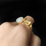 Autumn Zircon Hetian Jade Cat Oval Adjustable Silver Ring
