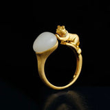 Autumn Zircon Hetian Jade Cat Oval Adjustable Silver Ring