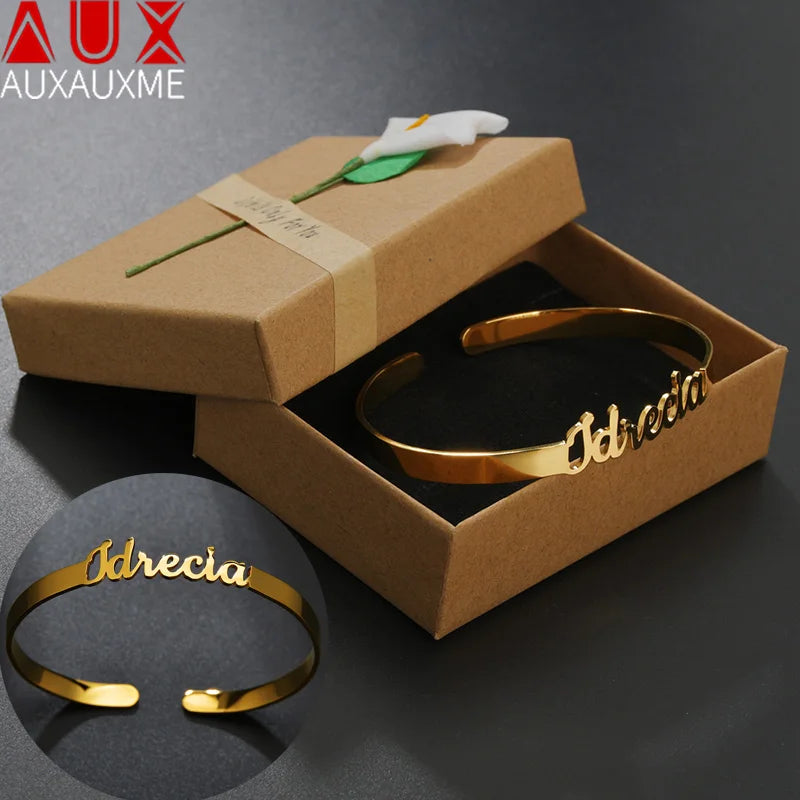 Auxauxme Stainless Steel Name Bangles - Adjustable 6mm Width for Women