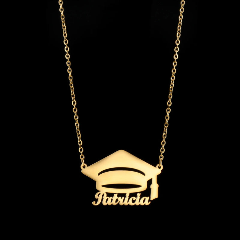 Auxauxme Bachelor Cap Name Necklace for Students Stainless Steel