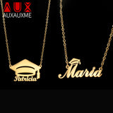 Auxauxme Bachelor Cap Name Necklace for Students Stainless Steel