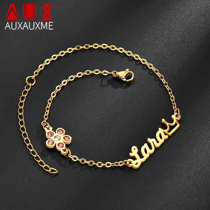 Personalized Birthstone Pink Flower Name Bracelet for Women