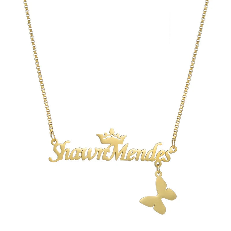 Auxauxme Butterfly Crown Name Necklace Stainless Steel Heart Star Choker