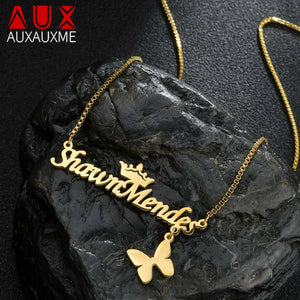 Auxauxme Butterfly Crown Name Necklace Stainless Steel Heart Star Choker