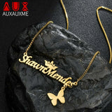 Auxauxme Butterfly Crown Name Necklace Stainless Steel Heart Star Choker