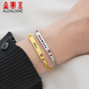 Engraved Date Name Bar Heart Bracelet Stainless Steel Women Jewelry