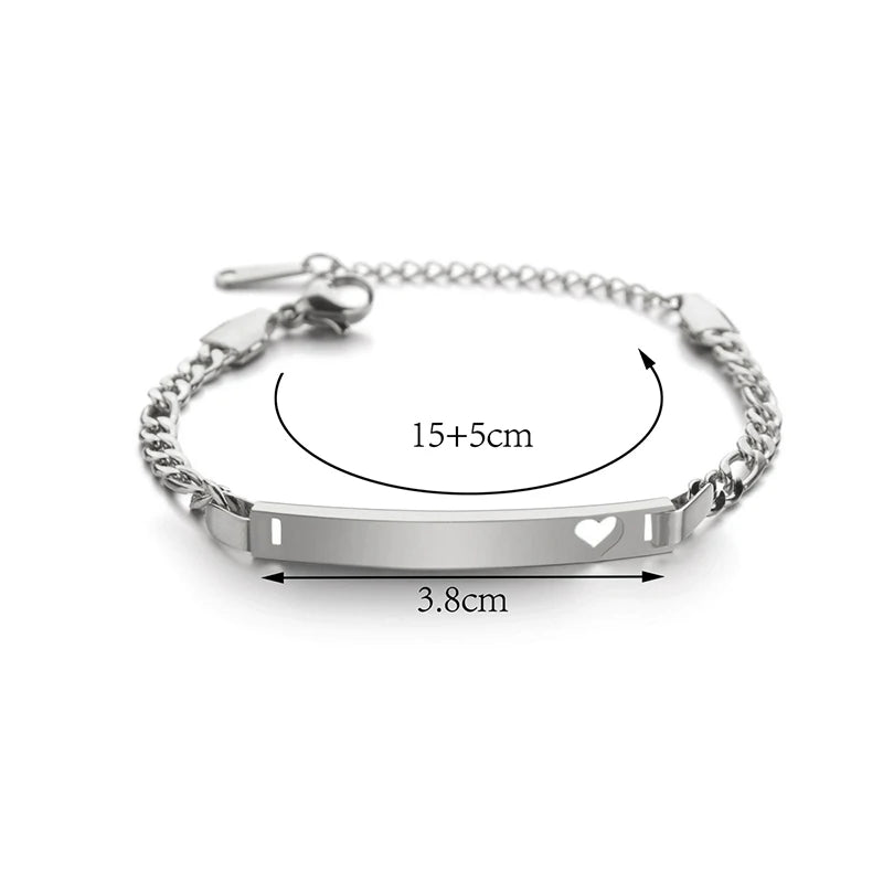 Engraved Date Name Bar Heart Bracelet Stainless Steel Women Jewelry