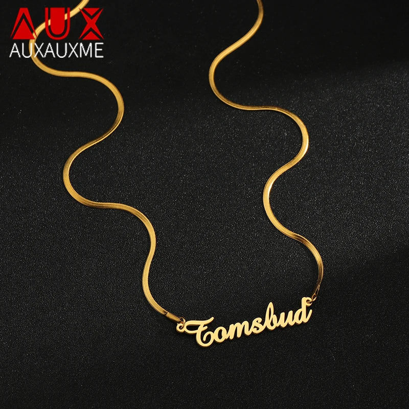 Auxauxme Snake Chain Name Necklace Stainless Steel Personalized Nameplate