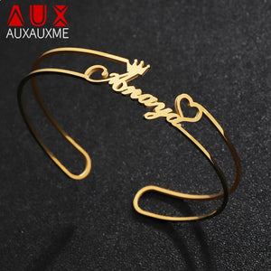 Auxauxme Personalized Name Heart Crown Bangle - Stainless Steel Golden