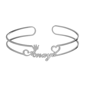 Auxauxme Personalized Name Heart Crown Bangle - Stainless Steel Golden